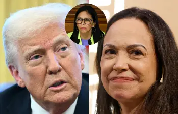 Donald Trump, presidente de EE. UU. junto a la líder opositora venezolana María Corina Machado y la presidenta interina Delcy Rodríguez. Fotos: AFP