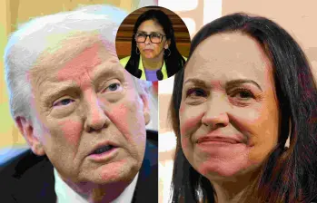 Donald Trump, presidente de EE. UU. junto a la líder opositora venezolana María Corina Machado y la presidenta interina Delcy Rodríguez. Fotos: AFP