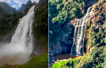 A la izquierda, la cascada con su inmenso caudal. A la derecha, una imagen de su notoria disminución. Foto: Andrés Camilo Suárez Echeverri y tomada del Facebook Vereda El Guadual.