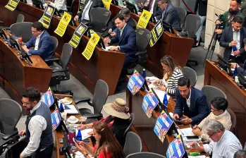 Entre carteles y manifestaciones a favor y en contra, ayer la plenaria fue escenario de una intensa puja política, con cuentas ajustadas y maniobras de último minuto. FOTO JAVIER GONZÁLEZ PENAGOS