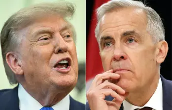 El presidente estadounidense Donald Trump y el primer ministro canadiense Mark Carney no han dado el brazo a torcer y han escalado la guerra comercial entre sus países. Foto: AFP