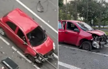 El carro fue impactado por una papa bomba cuando transitaba por la calle 13 con carrera 100. FOTO: X: @robertoortizu / @AntonioMinotta