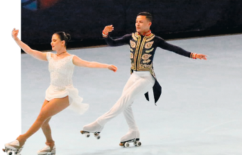 Brayan Carreño y Daniela Gerena, en acción durante su presentación de patinaje artístico en los Juegos Mundiales que terminaron el fin de semana. FOTO cortesía fedepatÍn