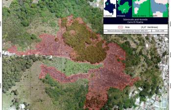El 98% de estos eventos ocurren en las laderas del Valle de Aburrá. En la imagen satelital, el monitoreo al incendio en el cerro El Picacho. FOTO: CORTESÍA ÁREA METROPOLITANA