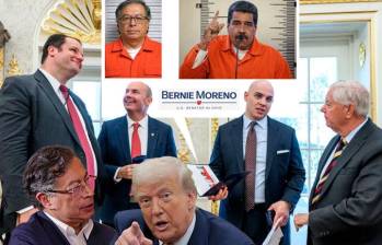 Asesores en la Casa Blanca que tenían una carpeta con un supuesto plan del senador republicano Bernie Moreno en el que aparecen, retratados con IA, Petro y Maduro con overol naranja como presos. FOTO Casa Blanca