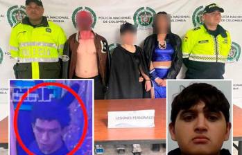 Al fondo, las tres primeras personas capturadas por el hecho; en el cuadro izquierdo, una imagen del sospechoso; en cuadro derecho, una foto de Jaime Esteban Moreno. FOTO: Daniel Coronell, Jaime Esteban Moreno y Policía. 