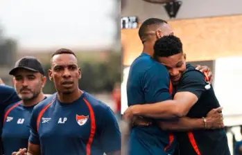 Amaranto Perea llegó para empezar su proceso con el DIM y, como lo muestra la imagen, tuvo un encuentro emotivo con jugadores como Frank Fabra. FOTO @DIM_Oficial