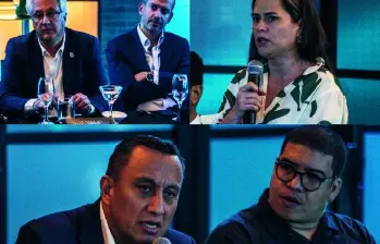 Arriba: Tomás Elejalde, Gerente del Metro de Medellín. Jean Pierre Serani, presidente de Odinsa. Beatriz López, Gerente General Grupo EL COLOMBIANO. Abajo: José Fernando Quintero, CEO de Indra. FOTO: Julio César herrera
