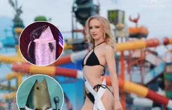 El traje de Miss Noruega, inspirado en el salmón —uno de los productos estrella de la industria noruega— generó memes y comparaciones con Bob Esponja en redes sociales durante el Miss Universo. FOTO: redes sociales. 