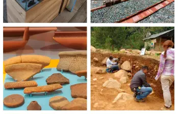 (1) Piezas rescatadas en los abrigos rocosos del escarpe en la finca cafetera en Jericó. (2) El nuevo patio arqueológico del Claustro Comfama. (3) Piezas rescatadas entre Támesis y Valparaíso que revelan detalles de la relación de los antepasados del Suroeste con la espiritualidad y la muerte. (4) Diez años de trabajos en Amalfi permitió encontrar rastros de habitantes de hace 7.000 años. FOTOS: CORTESÍA Y MANUEL SALDARRIAGA