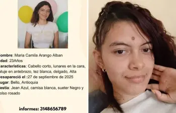 Quienes puedan aportar datos sobre su ubicación pueden comunicarse al número 314 865 6789. FOTO: Cortesía familia María Camila Arango.