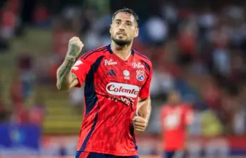 El delantero del DIM, Francisco Fydriszewski, fue la figura en la victoria ante Santa Fe 3-0 para avanzar a la semifinal de la Copa Betplay. FOTO CAMILO SUÁREZ 
