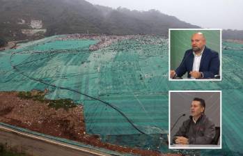 Adelante, los dos funcionarios implicados. Atrás, imagen de referencia del relleno sanitario La Pradera que contiene el vaso Altair. Foto: EL COLOMBIANO e imágenes tomadas de redes.