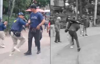 En un video, difundido en redes sociales, los grupos de gestores de convivencia de la Secretaría de Seguridad de Medellín fueron captados agrediendo a un ciudadano venezolano. Al parecer, los agredidos estarían cometiendo varias infracciones en el Parque Bolívar. FOTO: TOMADA DE VIDEO