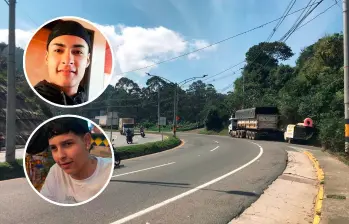 Estiben Alberto López Villa (arriba), de 32 años, y Mateo Cárdenas Arboleda (abajo), quien había cumplido los 18 años hace una semana, fueron baleados en este punto de la variante a Caldas, en jurisdicción de La Estrella. FOTO: LAURA ROSA JIMÉNEZ VALENCIA Y CORTESÍA