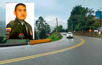 El patrullero John Stivenson Reyes Ramírez (detalle), de 33 años, fue baleado en este sector de la vía La Pintada-Medellín, en jurisdicción del municipio de Caldas. FOTOS: Mauricio Palacio y cortesía Policía Meropolitana
