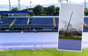 La pista de atletimo Alfonso Galvis fue entregada oficialmente el 19 de junio, tras una inversión de 21.000 millones de pesos. Desde la semana pasada empezó el montaje de uno de los escenarios para el festival EDC, permitiendo el paso de grúas y camiones por sobre el tapete de los corredores. FOTOS: CORTESÍA ALCALDÍA DE MEDELLÍN Y CIUDAD SUR