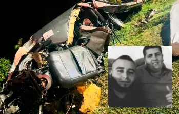 Juan Alberto Aristizábal Zuluaga (izq.) y Juan Pablo Montes Duque (der.) fueron las dos víctimas de este siniestro en la autopista Medellín-Bogotá, en el que tras la colisión de su carro contra un poste, este quedó convertido en chatarra. FOTOS: CORTESÍA MI ORIENTE