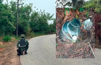 Este fue el cilindro que encontraron las autoridades en el corregimiento Otú, de Remedios, en la ruralidad de la vía que conecta a Medellín con Remedios y Caucasia. FOTO: CORTESÍA POLICÍA ANTIOQUIA