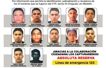 Estos son los 13 presos fugados del Centro de Detención de La Minorista en la mañana de este viernes y por los que se ofrece recompensa de hasta 20 millones de pesos por su recaptura. FOTO: ESNEYDER GUTIÉRREZ CARDONA