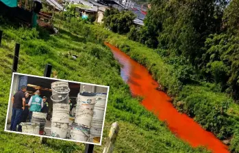 La quebrada La Marinilla terminó con una coloración color ladrillo en la mañana de este jueves. Las autoridades investigaron el origen de los químicos que le cambiaron la tonalidad. FOTO: CORTESÍA
