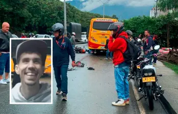 Este accidente, registrado en la mañana de este lunes, dejó dos personas muertas a la altura de la Feria de Ganado. Una de ellas fue Daniel Estrada Gallo (detalle), de 32 años, mientras que el otro fue identificado como Alejandro Pabón Gutiérrez, de 14 años. FOTO: CORTESÍA Y TOMADA DE ITAGÜÍ NOTICIAS