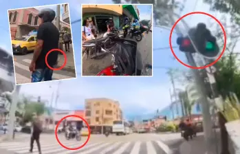 En las imágenes se ve como el motorizado que acabó agredido estaba cruzando con el semáforo en verde y el otro motorizado se pasó el semáforo en rojo. También quedó en evidencia la intervención de los agentes de la Secretaría de Movilidad de Bello. FOTOS: Capturas de video