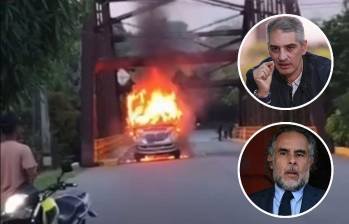El gobernador de Antioquia, Andrés Julián Rendón (arriba), y el ministro del Interior, Armando Benedetti (abajo), se pusieron de acuerdo para levantar el paro minero en el Bajo Cauca, en medio de los desmanes que estos han generado, como la quema de dos camiones este lunes. FOTOS: CORTESÍA Y EL COLOMBIANO
