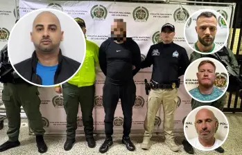 El canadiense Arif Jhuman (principal y detalle, izquierda) tendría vínculos con estructuras criminales del Reino Unido a las que pertenecería (derecha, de arriba a abajo) Christopher Neil Costello, alias Dips; Robert Steven Taylor y Liam George Anton O’Brien. FOTOS: CORTESÍA-POLICÍA NACIONAL
