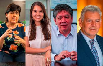 De izq. a der.: Lina Vélez de Nicholls, presidenta de la Cámara de Comercio de Medellín; María José Bernal, directora ejecutiva de Fenalco Antioquia; Bruce Mac Master, presidente de la Andi, y Jaime Alberto Cabal, presidente de Fenalco Nacional. Todos se pronunciaron sobre el viaje de los alcaldes a Estados Unidos. FOTOS: EL COLOMBIANO