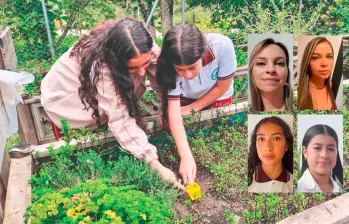 Con la huerta que tienen en la Institución Educativa Rural Dolores e Ismael Restrepo se ha fortalecido el aprendizaje de matemáticas en este colegio. Por este proyecto irán a Dubái las docentes (arriba) Mónica Alejandra Castaño Cuervo (izq.) y Yulieth Mileydi Franco Rendón (der.) y las estudiantes (abajo) Isabela Suárez Buitrago (izq.) y Guadalupe Buitrago Marín (der.). FOTOS CORTESÍA