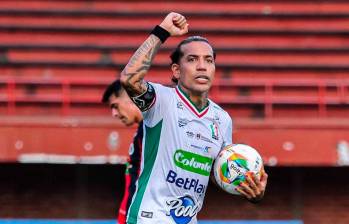 Dayro Moreno en una de sus celebraciones en 2026, en la victoria de Once Caldas como visitante ante Cúcuta. FOTO TOMADA X @oncecaldas