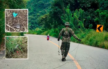 Mientras un grupo de soldados acudió a verificar el cilindro que dejaron en plena vía entre Llanos del Cuivá e Ituango, otros militares hicieron un rastreo a la zona, encontrándose con dos explosivos cercanos, los cuales fueron desactivados a tiempo. FOTO: Cortesía Ejército