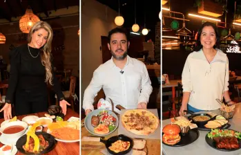 Maryory Montes (Restaurante El Trifásico), Daniel Hinestroza (Olivia) y Catalina Giraldo (Barbacoa) muestran algunos de los platos que se ofrecerán en el festival Envigado al plato. FOTO esneyder gutiérrez