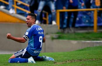 Radamel Falcao García celebra el tanto con el que Millonarios venció a Santa Fe en el estadio El Campín. FOTO COLPRENSA 