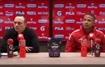 Alejandro Restrepo y Fainer Torijano atendieron a los medios de comunicación tras la final ida de la Liga BetPlay. FOTO: CAPTURA VIDEO WIN SPORTS