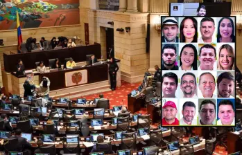 Adelante, algunos de los 17 representantes a la Cámara por Antioquia. Atrás, recinto de la Cámara de Representantes. FOTO: (Colprensa - Cristian Bayona) y Cortesía
