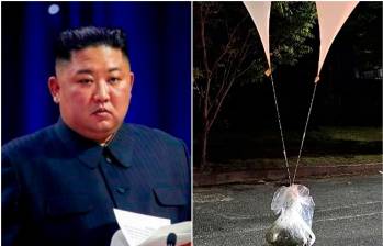 Los globos llenos de basura lanzados por Corea del Norte se empezaron a ver en la noche del martes en varias localidades de su vecino surcoreano. FOTOS: Getty y tomada de X (antes Twitter) @AttentiveCEE