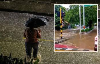 Adelante, imágenes de la inundación en Envigado. Atrás, imagen de referencia de una fuerte tormenta. Foto: Julio César Herrera Echeverri y Cortesía Denuncias Antioquia