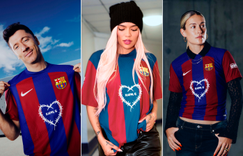 Esta es la imagen oficial de la camiseta del Barça con el logo de Karol G. En la imagen Robert Lewandowski, Karol G y Alexia Putellas. FOTO Cortesía Spotify