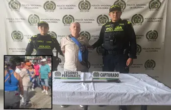 Adelante, detención del hombre en el Parque de Itagüí. Atrás, la reseña policial. FOTO: Cortesía