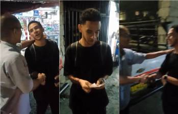 Momentos en los que Diego (izquierda), le entregó el dinero al joven que había dejado la billetera en su vehículo. FOTO: CAPTURA VIDEO REDES SOCIALES