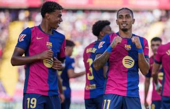 Lamine Yamal y Raphinha celebrando uno de los 7 tantos tras la goleada del Barcelona ante Valladolid por la Liga EA Sports. FOTO: CUENTA DE X @FCBarcelona