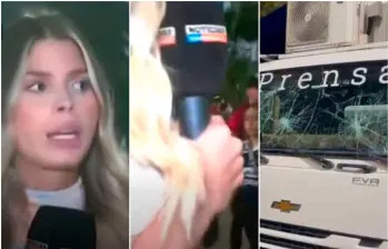 La periodista María Camila Vergara en medio de la agresión de un hincha a las afueras del estadio Atanasio Girardot. FOTO: Capturas de video Telemedellín