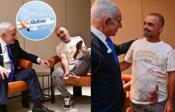 Benjamin Netanyahu recibió en el aeropuerto Ben-Gurión a Yaniv, uno de los pasajeros que intervino durante la emergencia a bordo de un vuelo de Flydubai. Foto: Oficina del Primer Ministro de Israel / Flydubai