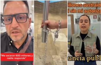 Debido al millonario robo, esta familia de Puerto Gaitán se encadenó en una sede de Bancolombia en Villavicencio en forma de protesta. FOTO: Captura video de redes sociales @NoticiasdeAcacíasyelLlano, @VillavicencioPrimero y @ColombiaOscura.