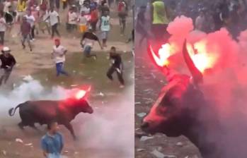 Prendieron fuego a los cuernos de un toro en corralejas de Sabanalarga. Foto: redes sociales @PlataformaALTO