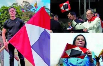 El presidente Gustavo Petro presentó por primera vez en plaza pública la bandera de guerra a muerte el pasado primero de mayo; se han pegado de ella Angie Rodrígez y Daniel Quintero. FOTO Presidencia y captura de video