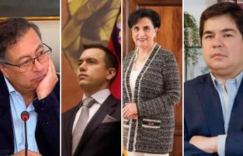 Gustavo Petro, presidente de Colombia; Daniel Noboa, presidente de Ecuador; Gabriela Sommerfeld, canciller de Ecuador y Arturo Félix Wong, embajador de Ecuador en Colombia. FOTO: Colprensa