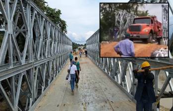 Adelante, un vehículo pesado pasando sobre el puente militar. Atrás, la estructura instalada sobre el río. FOTO: imágenes tomada de redes.